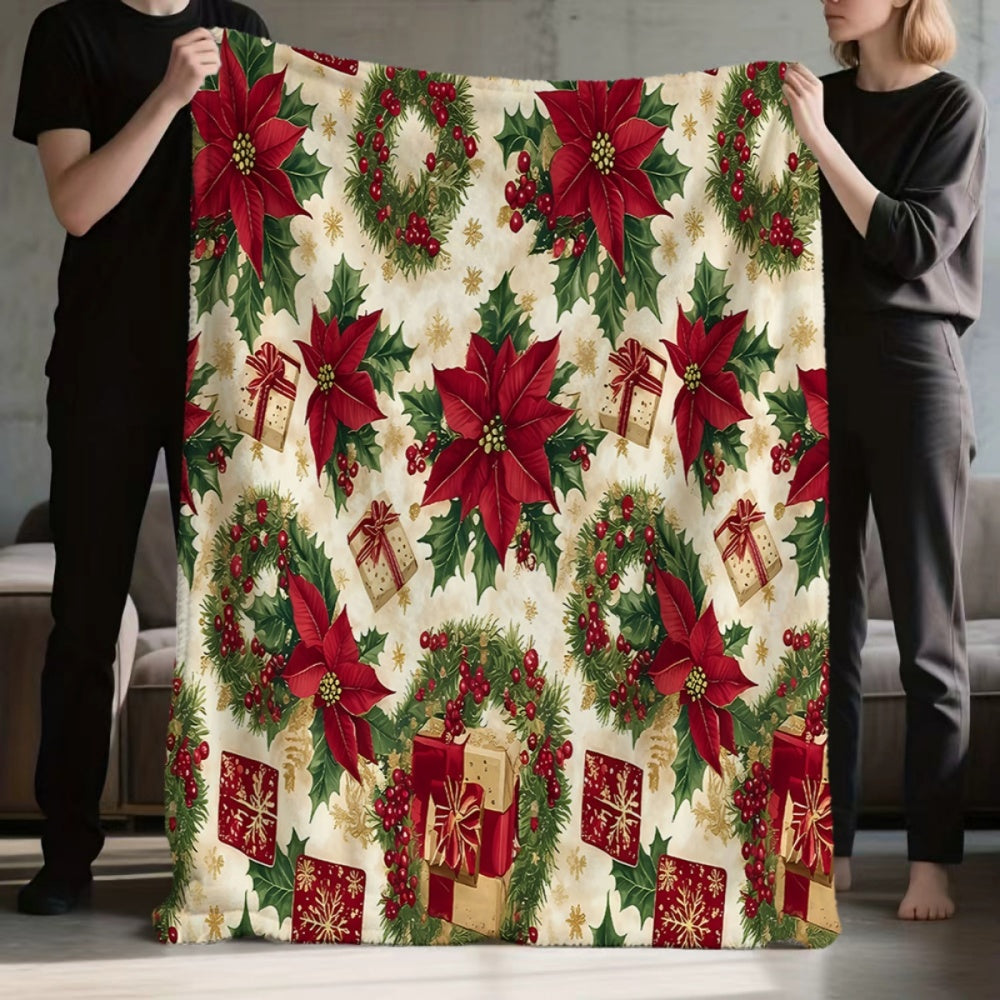 1pc, 1pc Christmas Red Green Floral Gift Box Pattern Flannel Blanket, Soft Comfortable Warm, Cream White Background with Red And Green Theme Design, Durable Plush Surface, All-Season Sofa Blanket, Warm Cover Blanket, Multiple Sizes Available
