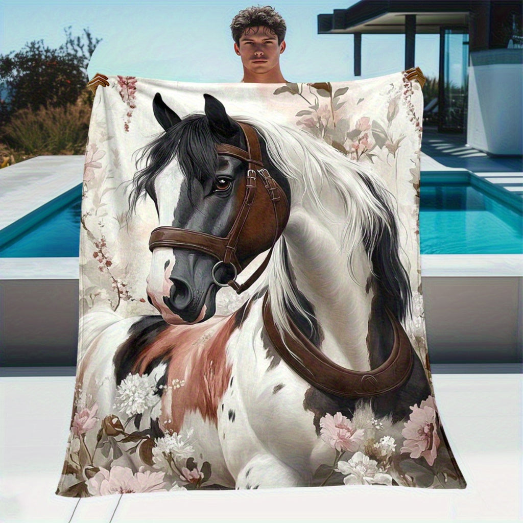1pc, Black And White Floral Pattern Flannel Blanket, Soft, Comfortable And Warm, Pink And Beige Design, Durable Plush Surface, All-Season Bed Blanket, Warm Throw Blanket, Multiple Sizes Available, Suitable for Living Room Sofa, Bedroom Bed