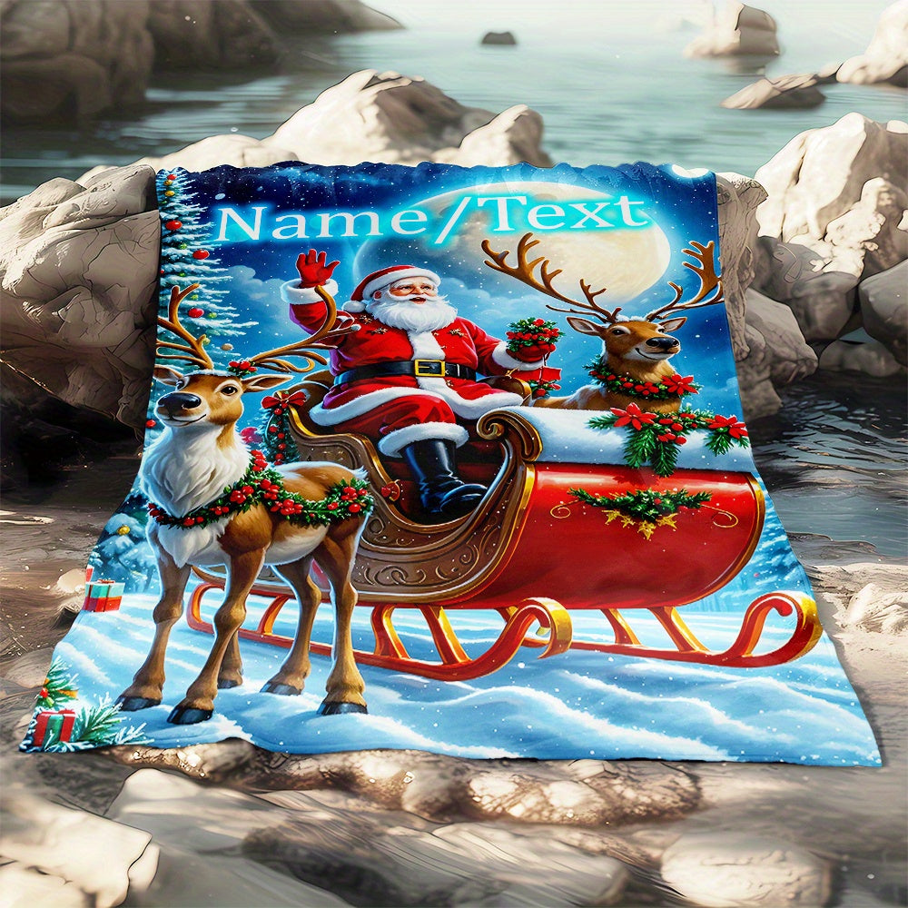 1pc 2D Flat Print Santa Claus Driving a Reindeer Sleigh Patterned Blanket - Soft and Comfortable, with Blue and Red as the Main Colors, in a Festive Decorative Style, Available in Multiple Sizes, Suitable for Bedrooms, Living Rooms, Sofas