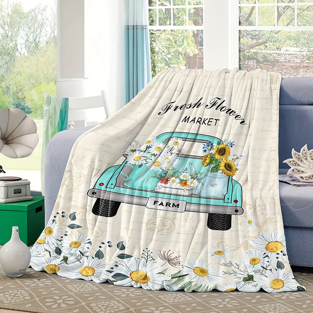 Vintage Blue Green Truck & Daisy Floral Plush Throw Blanket - Soft Warm All-Season Machine Washable Multi-Use for Bed, Sofa, Car, Office, Cozy Home Decor, Throw Blanket for Bed, Sofa Accessory, Rustic Charm, Soft Texture