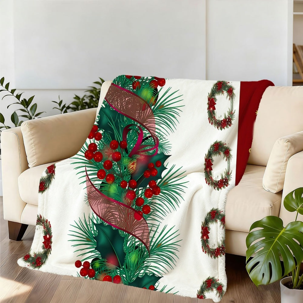 Christmas Festive Red Berries And Pine Bough Wreath Pattern Flannel Blanket, Soft Comfortable Warm, White Background Design, Durable Plush Surface, All-Season Sofa Blanket, Warm Cover, Multiple Sizes Available, Suitable for Living Room Sofa