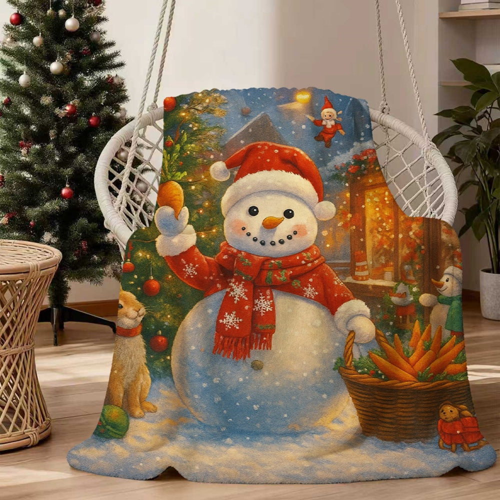 1pc of Flannel Blanket Featuring a Snowman Holding a Carrot and a Christmas Tree, Designed in a Warm Reddish-brown Tone. This Durable, Plush Throw Provides Warmth and Is Suitable for Reading Time, Weekend Naps on the Sofa, and Seasonal Home Use