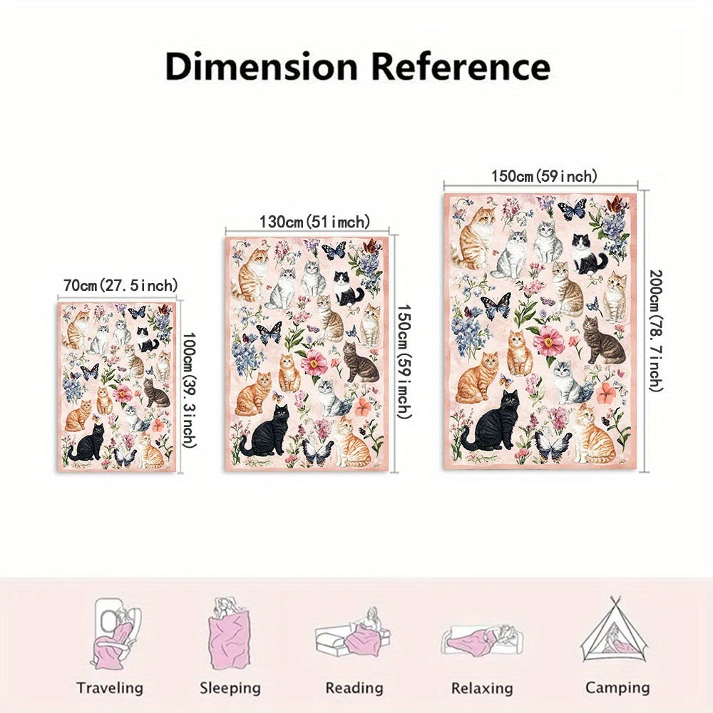 1pc Cozy Soft Fluffy Fleece Throw Blanket with Cute Cats And Floral Design - Light Pink Background, 250-300Gsm Polyester, Perfect for Couch, Sofa, Bed, Living Room - All-Season Comfort, Ideal Gift, Cat