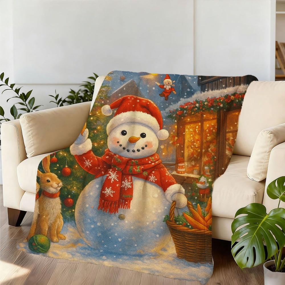 1pc of Flannel Blanket Featuring a Snowman Holding a Carrot and a Christmas Tree, Designed in a Warm Reddish-brown Tone. This Durable, Plush Throw Provides Warmth and Is Suitable for Reading Time, Weekend Naps on the Sofa, and Seasonal Home Use