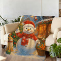 1pc of Flannel Blanket Featuring a Snowman Holding a Carrot and a Christmas Tree, Designed in a Warm Reddish-brown Tone. This Durable, Plush Throw Provides Warmth and Is Suitable for Reading Time, Weekend Naps on the Sofa, and Seasonal Home Use