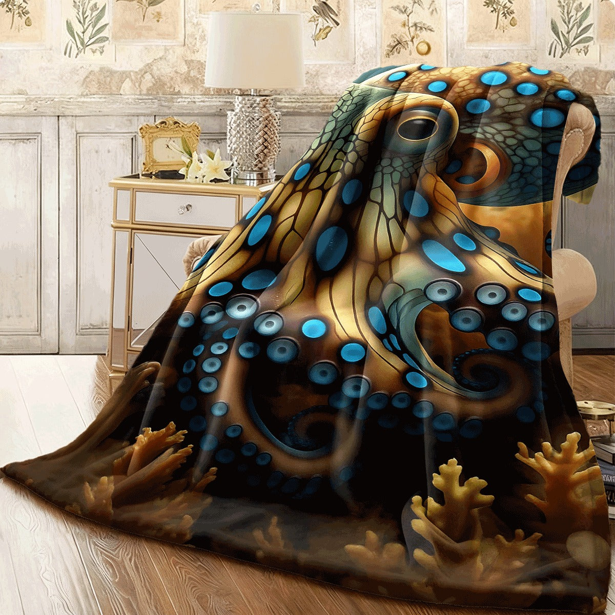1pc Cozy Flannel Blanket with Cute Octopus & Soft Plush Spread All-Season Warmth & S Couch Travel Machine Washable Golden & Brown Animal Print (Cheapest Per-use) Spread or T