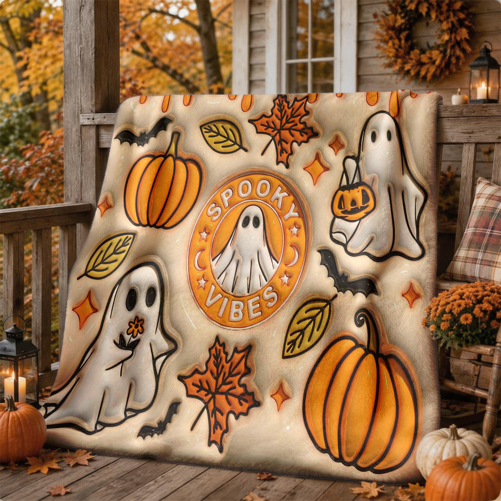 1pc 3D Embossed Ghost Pumpkin Maple Leaf Halloween Theme Flannel Blanket - Large Size, Soft, Lightweight, And Warm, Suitable for All Seasons - Perfect for Bed, Sofa, Office, Camping, And Travel - Ideal Choice for Blankets, Perfect Gift for Family
