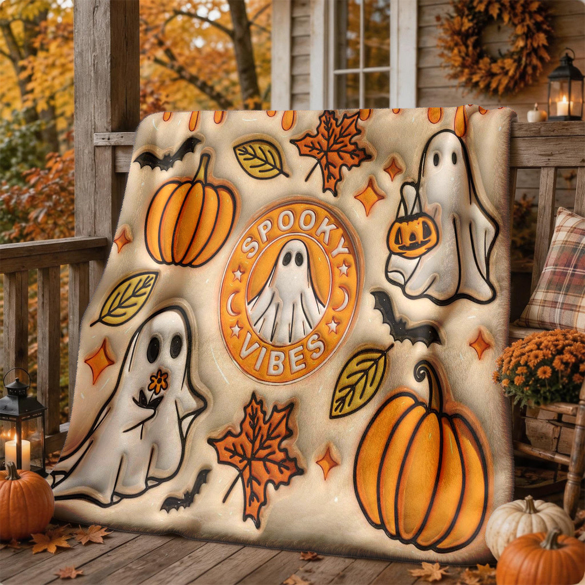 1pc 3D Embossed Ghost Pumpkin Maple Leaf Halloween Theme Flannel Blanket - Large Size, Soft, Lightweight, And Warm, Suitable for All Seasons - Perfect for Bed, Sofa, Office, Camping, And Travel - Ideal Choice for Blankets, Perfect Gift for Family