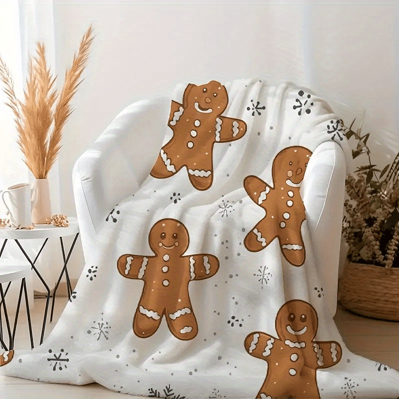 1 Comfortable Flannel Christmas Blanket - White with Holiday Gingerbread Man And Snowflake Pattern, Four Seasons Sofa, Home Decor, Machine Washable, Christmas Shawl, Snowflake Print, Durable Material, Winter Comfort Choice