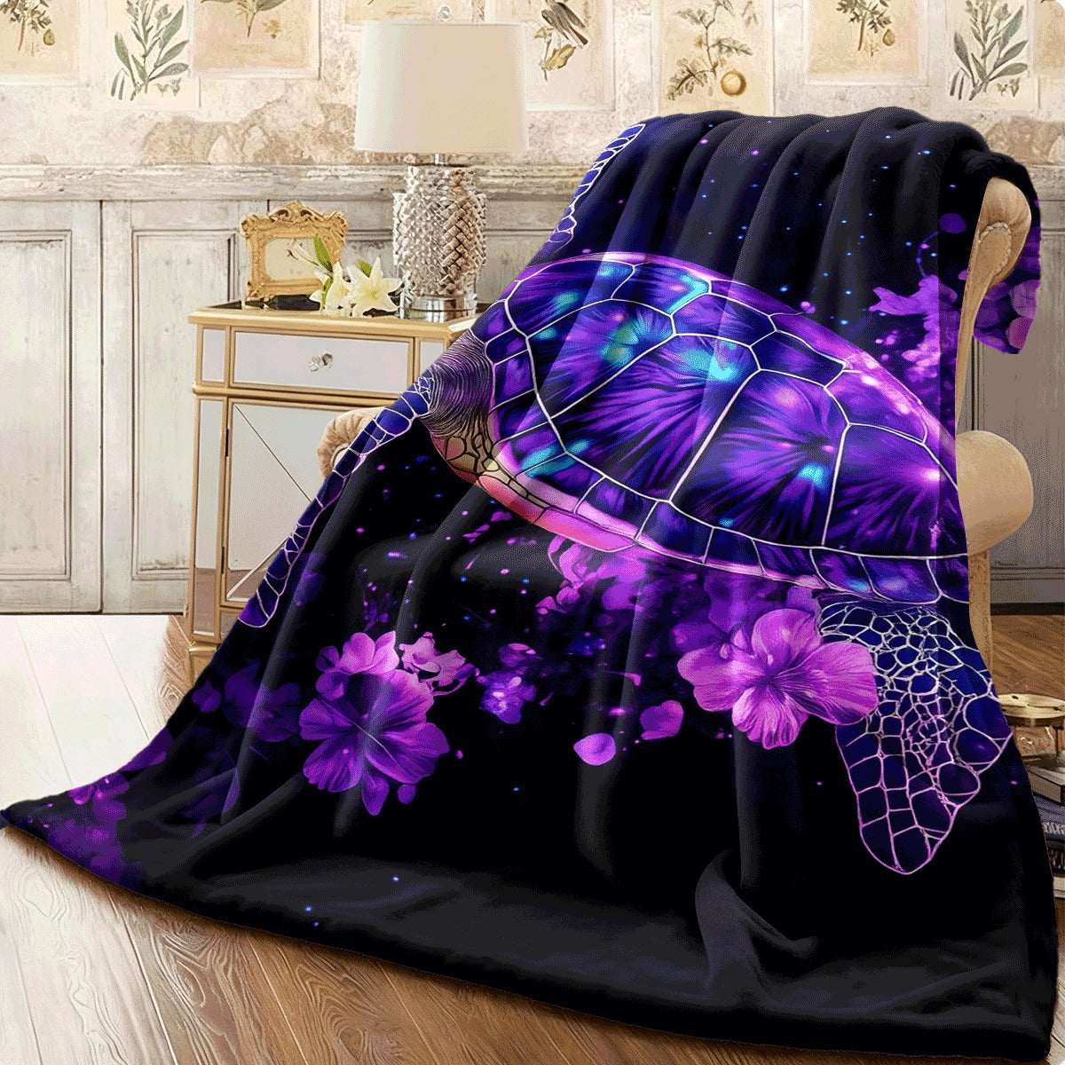 1pc Neon Turtle Art Pattern HD Print Blanket Lightweight Flannel Throw for Sofa Travel Livingroom Office Couch And Digital Printing Fleece Blanket with Soft And Warm Flannel Fabric