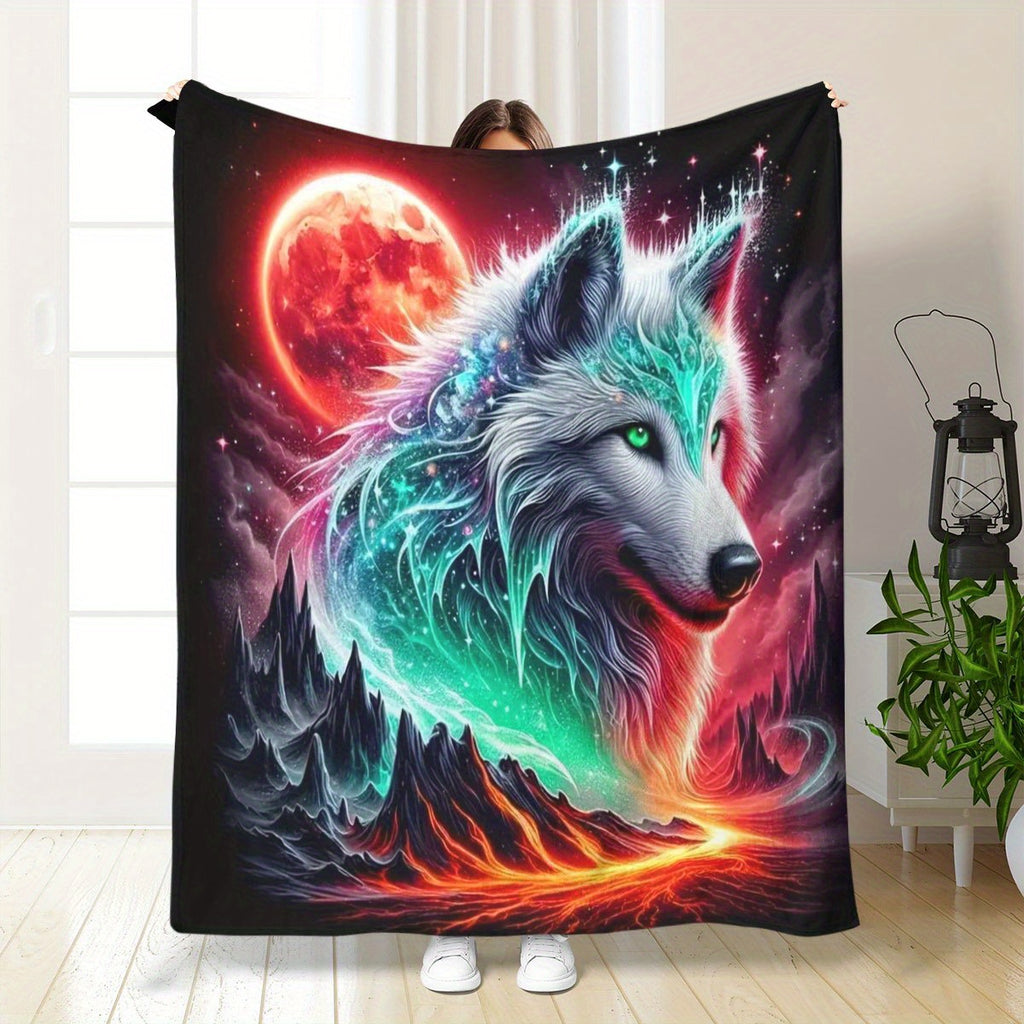 1pc 2D Flat Print Starry Sky Wolf Head Themed Blanket, Soft Flannel Blanket¡ªblack, Red, and Green Gradient Design, Multiple Sizes Available, Suitable for Living Room, Bedroom, Sofa,, and Reading, 2D Flat