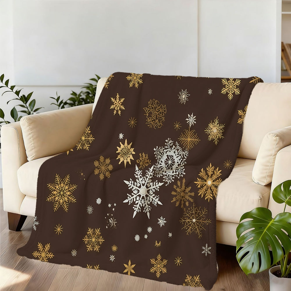 1pc Golden And White Snowflake Christmas Theme Flannel Blanket, Soft Comfortable Warm, Dark Brown Design, All-Season Blanket, Warm Cover, Multiple Sizes Available, Suitable for Living Room Sofa, Bedroom, Reading Corner, Leisure Time