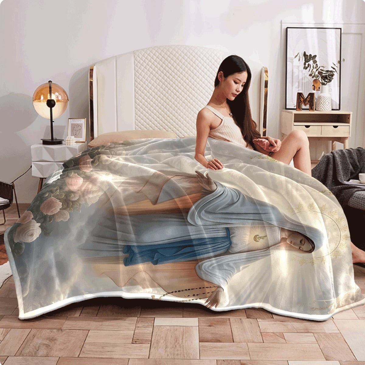 1pc Virgin Mary & -like Religious Flannel Blanket Bohemian Style Soft Quilted All-Season Spread HD Print Catholic Icon Design for Prayer Sofa Hand Wash Only (White Blue Golden) Sp