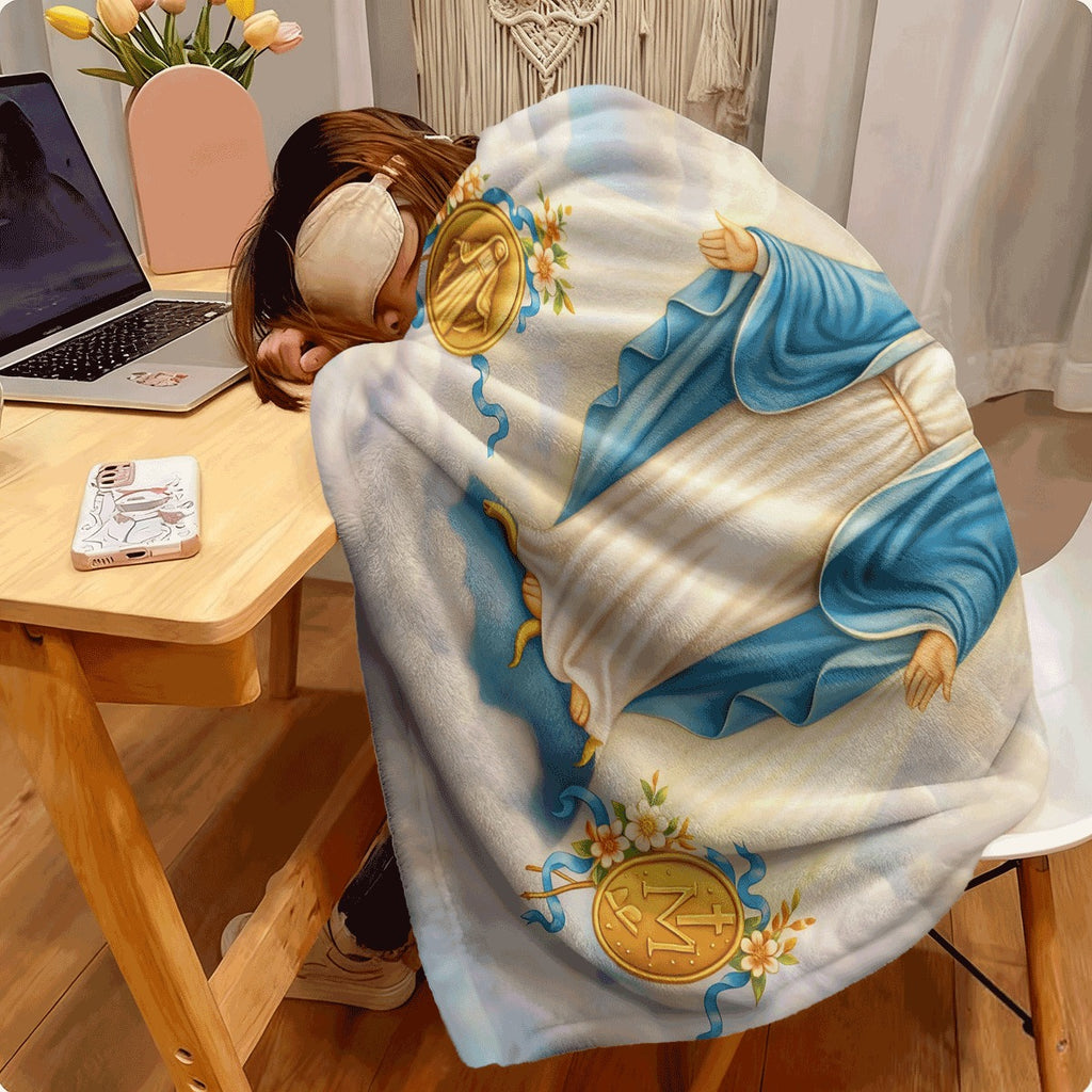 1pc Soft Cozy Virgin Mary Print Flannel Throw Blanket Reversible Virgin Mary Jesus Christ Religious Design with Golden Halo Floral Accents Heavyweight 250-300Gsm Office Travel Vintage