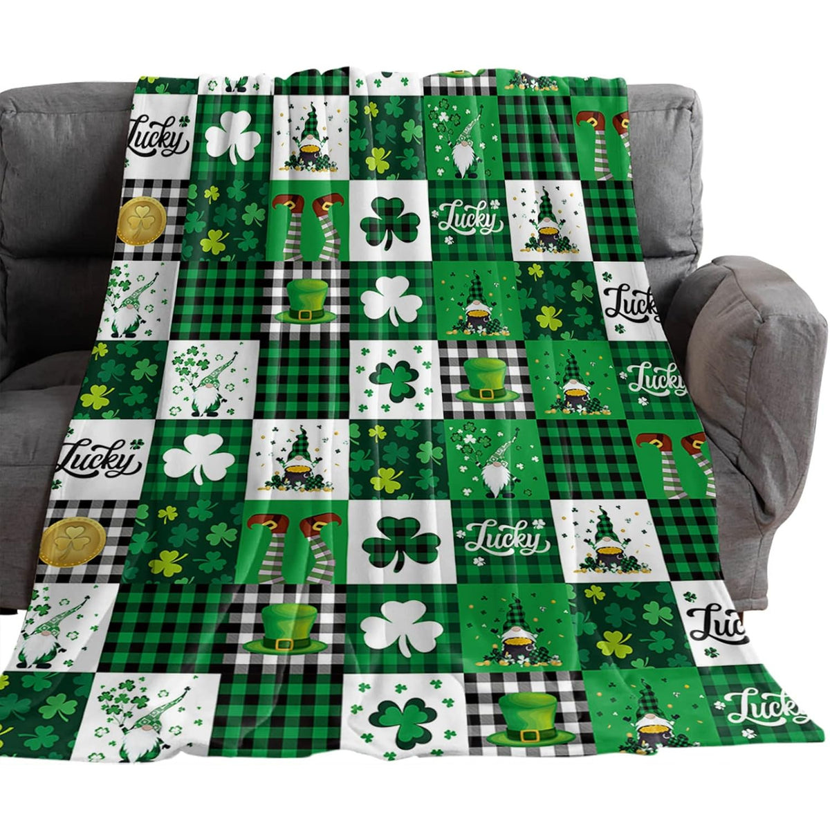 Chucoco Green Buffalo Plaid Throw Blankets, St. Patrick's Day Clover Gnomes Luxury Flannel Flannel Comfort Bed Blanket Irish Festival Theme Cozy Warm Flannel Cover for Sofa Couch Chair 60x80in