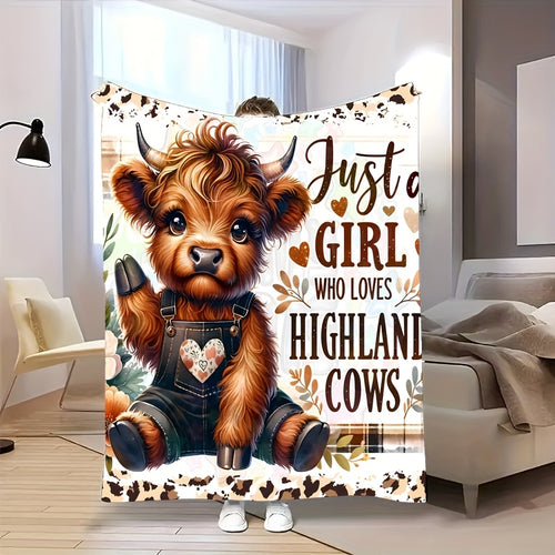 1pc a Cozy, Contemporary Flannel Blanket Featuring an Adorable Highland Cow Design. It'S Stylish, Soft, And Warm, Making It a Versatile Gift for Any Season. Perfect for Use on a Sofa, Bed, at The Office, Or While Traveling