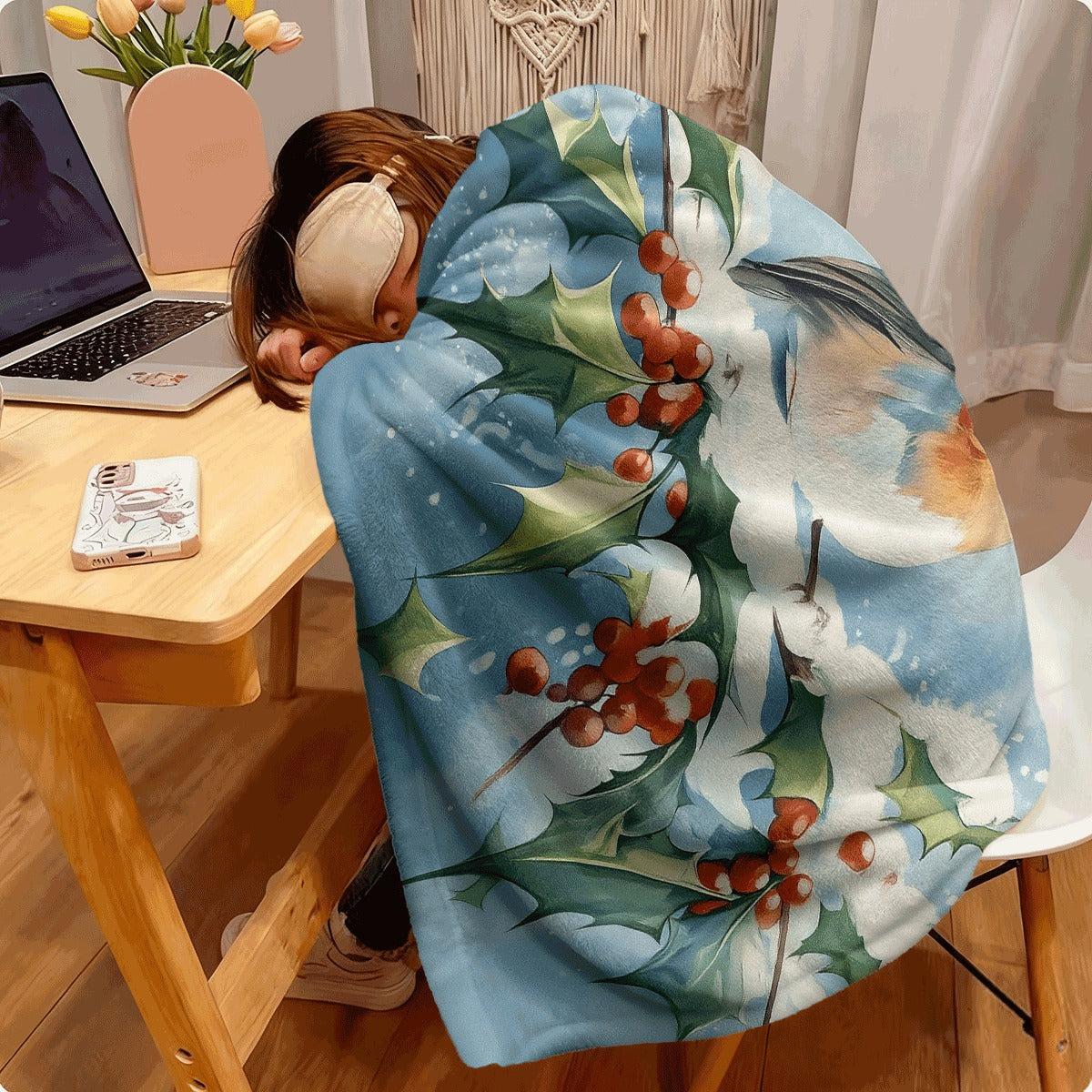 1pc Cozy Winter Flannel Blanket with Watercolor Robin And Holly Branch Soft Throw for Sofa Festive Christmas And Holiday Decor Ultra-Warm All-Season Blanket