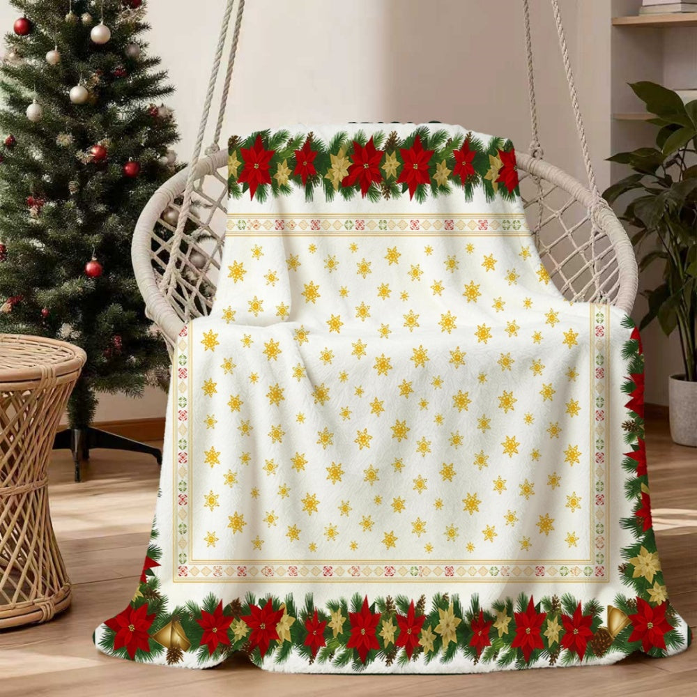 1pc, Christmas Wreath and Snowflake Pattern Flannel Blanket, Soft, Comfortable, and Warm, White Base with Golden Snowflake Design, Durable Plush Surface, All-season Universal Sofa Throw, Warm Lap Blanket, Multiple Sizes Available, Suitable for Living