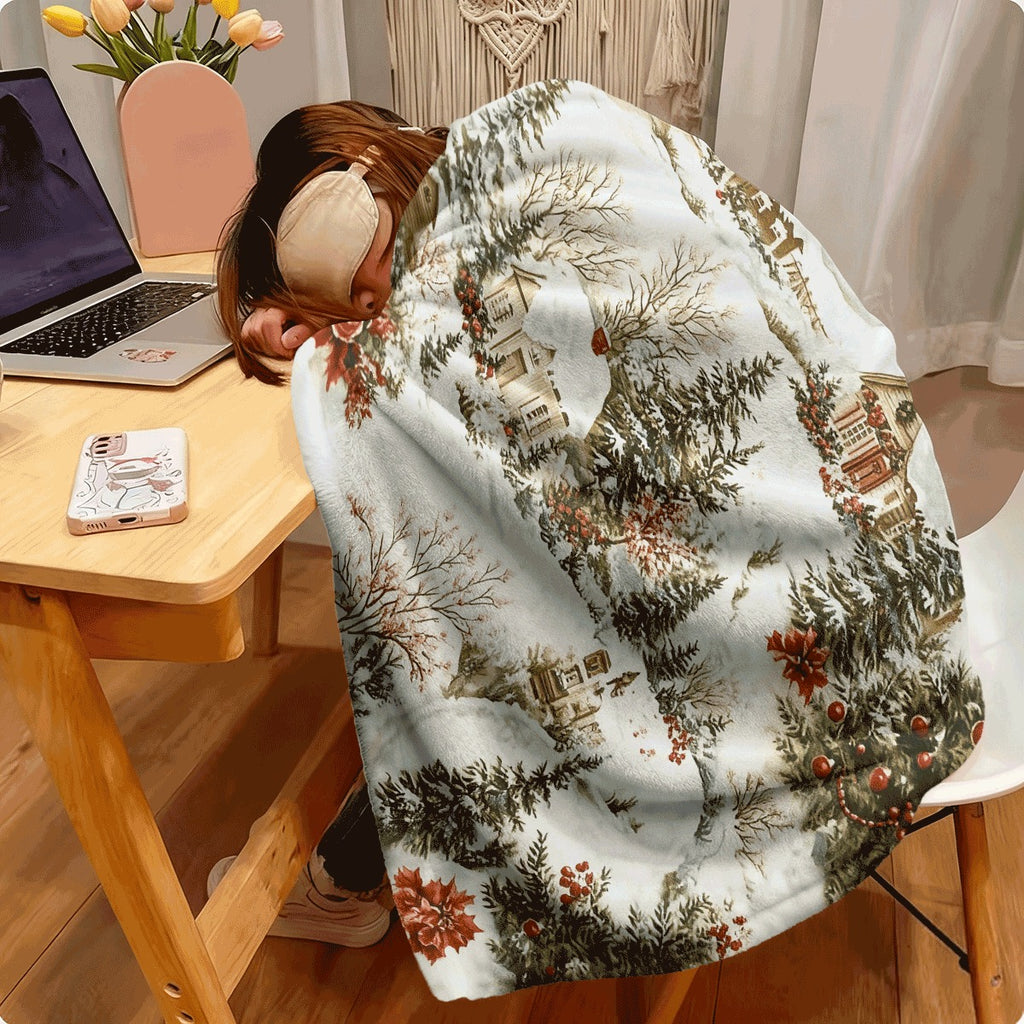 1pc Christmas Winter Village Flannel Blanket Snowy Cottages Trees Poinsettias Holiday Print Cozy Soft Fleece Throw for Couch All-Season Warm