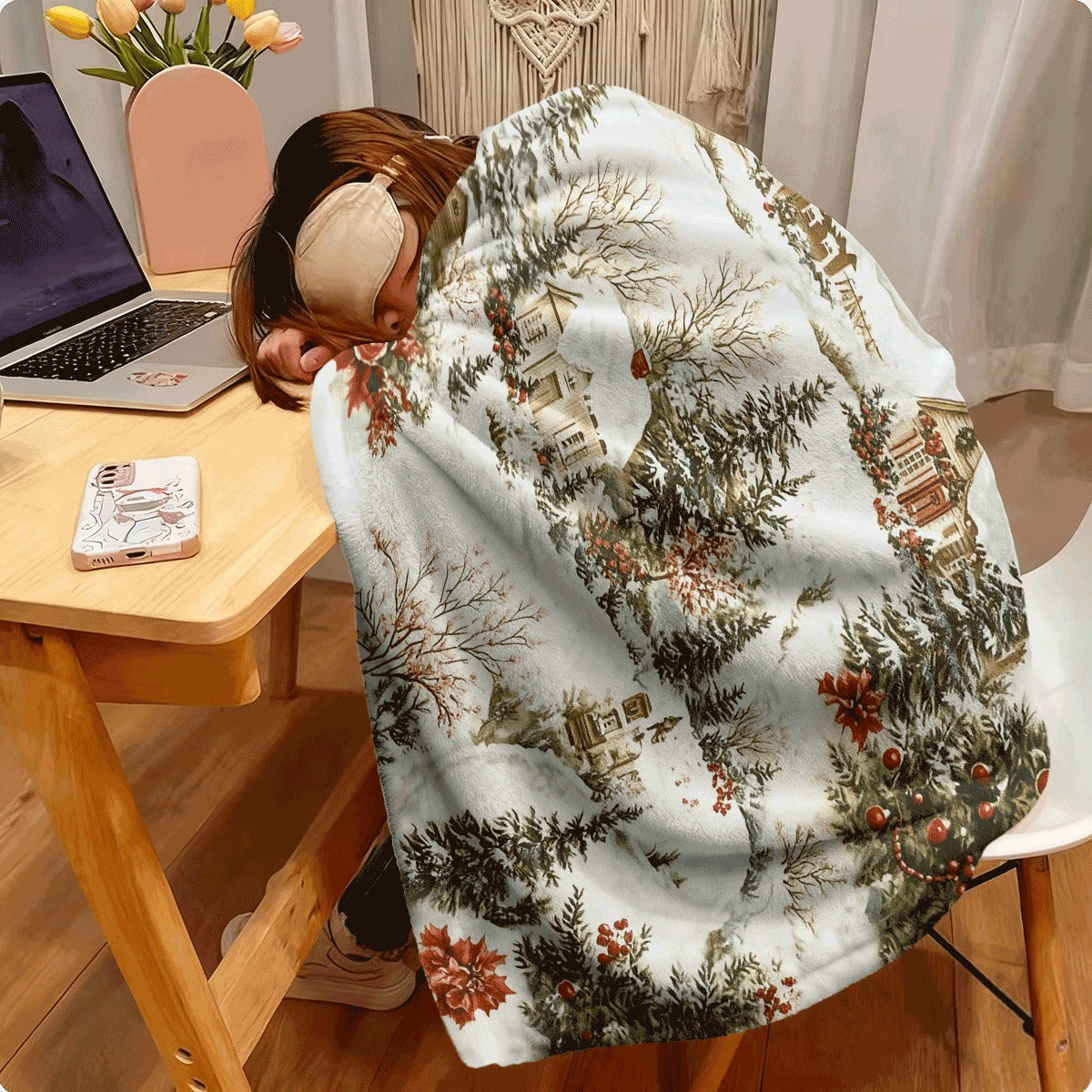 1pc Christmas Winter Village Flannel Blanket Snowy Cottages Trees Poinsettias Holiday Print Cozy Soft Fleece Throw for Couch All-Season Warm