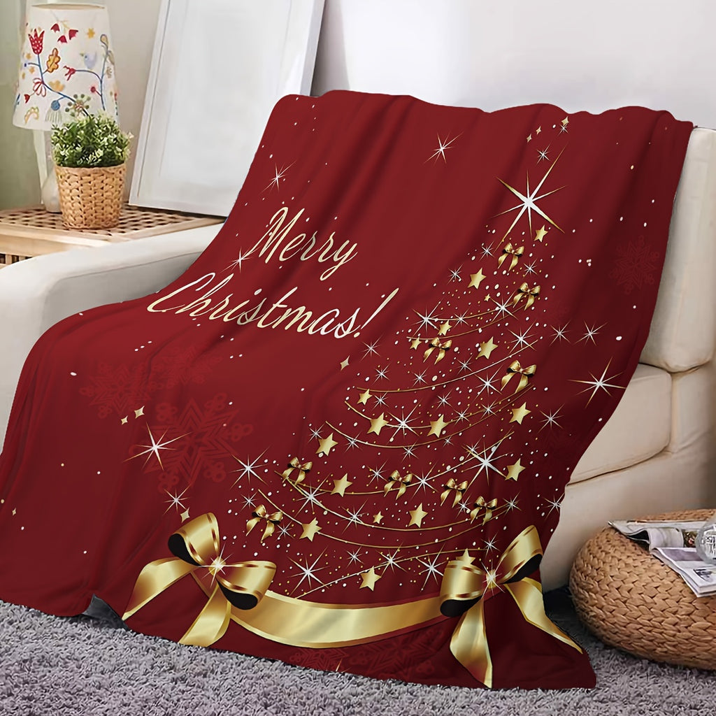 Christmas Tree and Golden Star Print Flannel Blanket, Red Shawl - Suitable for Sofa, Bed, Office, Travel, Camping - Soft, Warm, and Comfortable for All Seasons