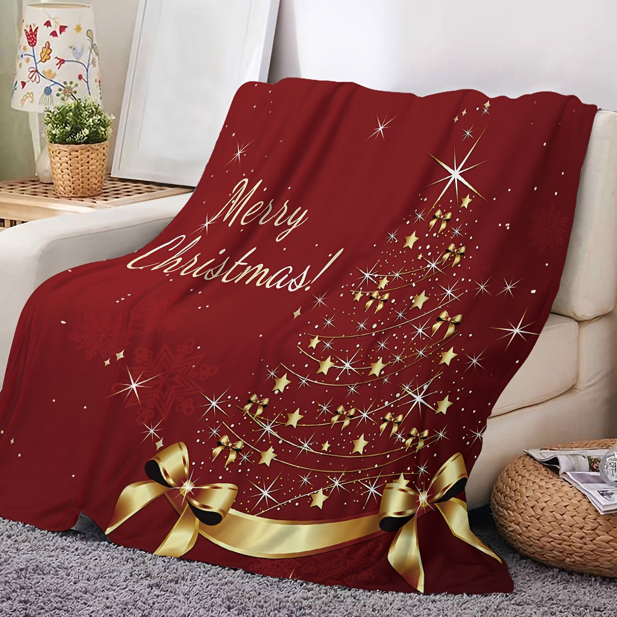 Christmas Tree and Golden Star Print Flannel Blanket, Red Shawl - Suitable for Sofa, Bed, Office, Travel, Camping - Soft, Warm, and Comfortable for All Seasons