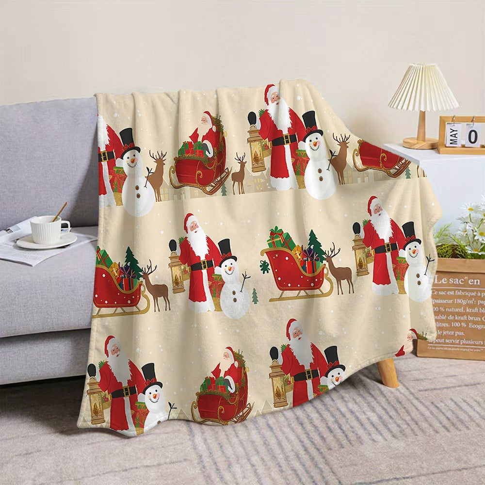 1pc Santa Claus And Snowman Pattern Flannel Blanket, Soft Comfortable Warm, Beige Festive Design, All-Season Sofa Blanket, Warm Cover, Multiple Sizes Available, Suitable for Living Room Sofa, Bedroom, Reading Corner, Holiday Decor