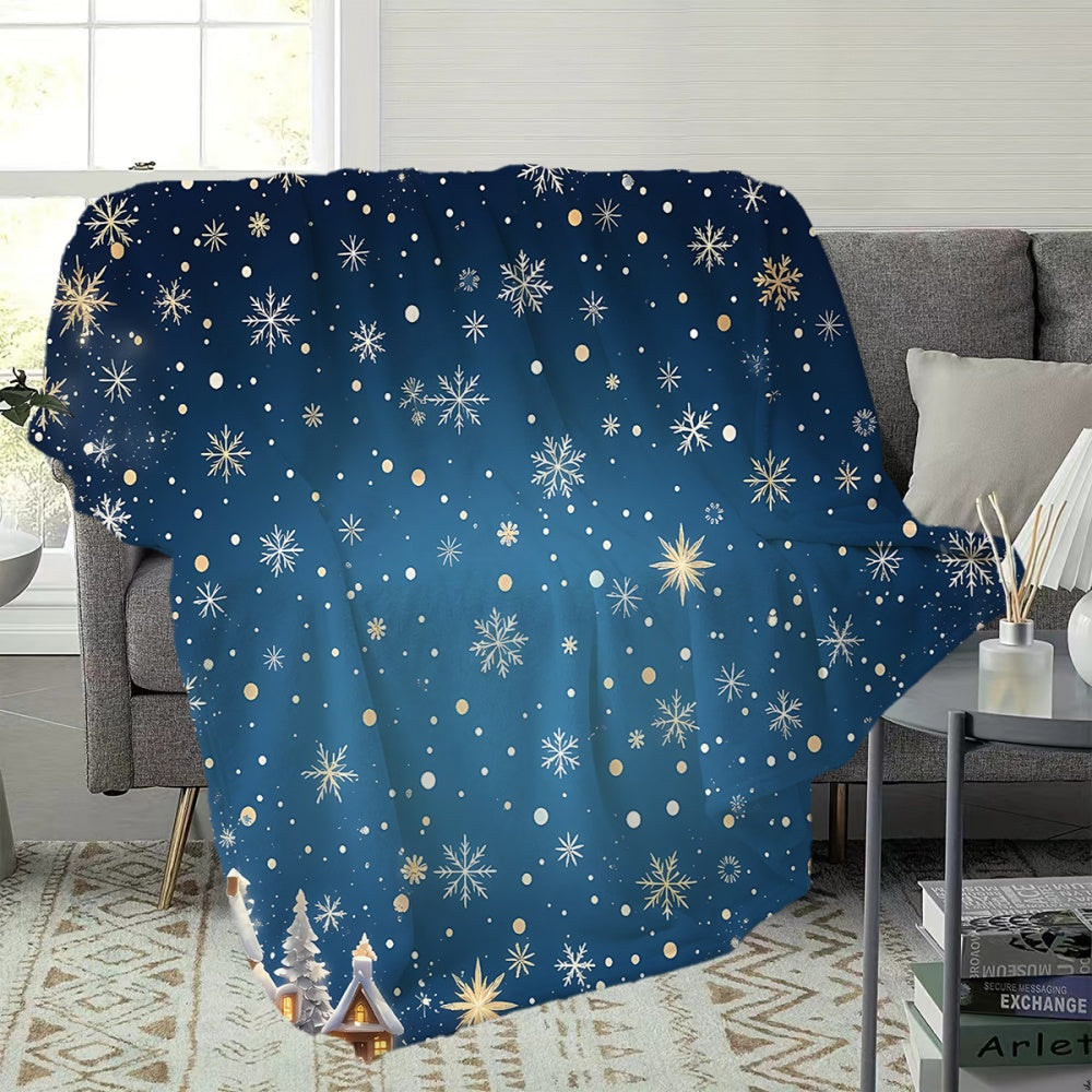 1pc Christmas Snowflake and Cottage Pattern Blue Gradient Flannel Blanket, Soft, Comfortable, and Warm, Winter Design, All-season Universal Sofa Throw, Warm Lap Blanket, Multiple Sizes Available, Suitable for Living Room Sofas, Bedroom