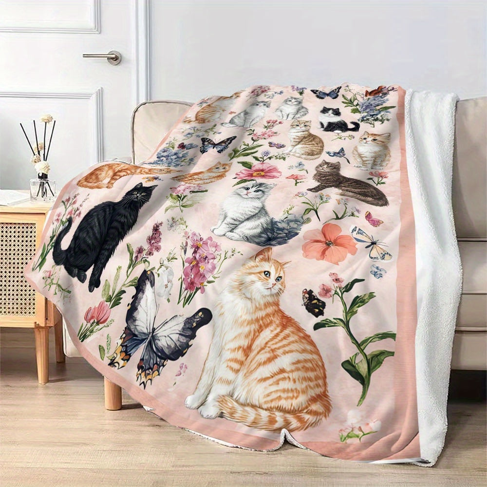 1pc Cozy Soft Fluffy Fleece Throw Blanket with Cute Cats And Floral Design - Light Pink Background, 250-300Gsm Polyester, Perfect for Couch, Sofa, Bed, Living Room - All-Season Comfort, Ideal Gift, Cat
