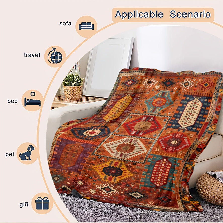 A Bohemian Geometric Patterned Fleece Blanket - Suitable for All Seasons, Soft And Warm, Perfect for Camping, Travel, Car, And Office Use - Machine Washable, Comfortable Home Decor, Vibrant Colors, Exquisite Pattern Craftsmanship, Modern Style