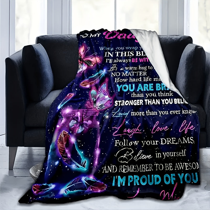 1pc Cozy Flannel Fleece Blanket for Daughter - Soft Polyester Throw with Inspirational Quotes, All-Season Comfort, Machine Washable, Perfect Mother'S Gift for Birthday Or Holiday