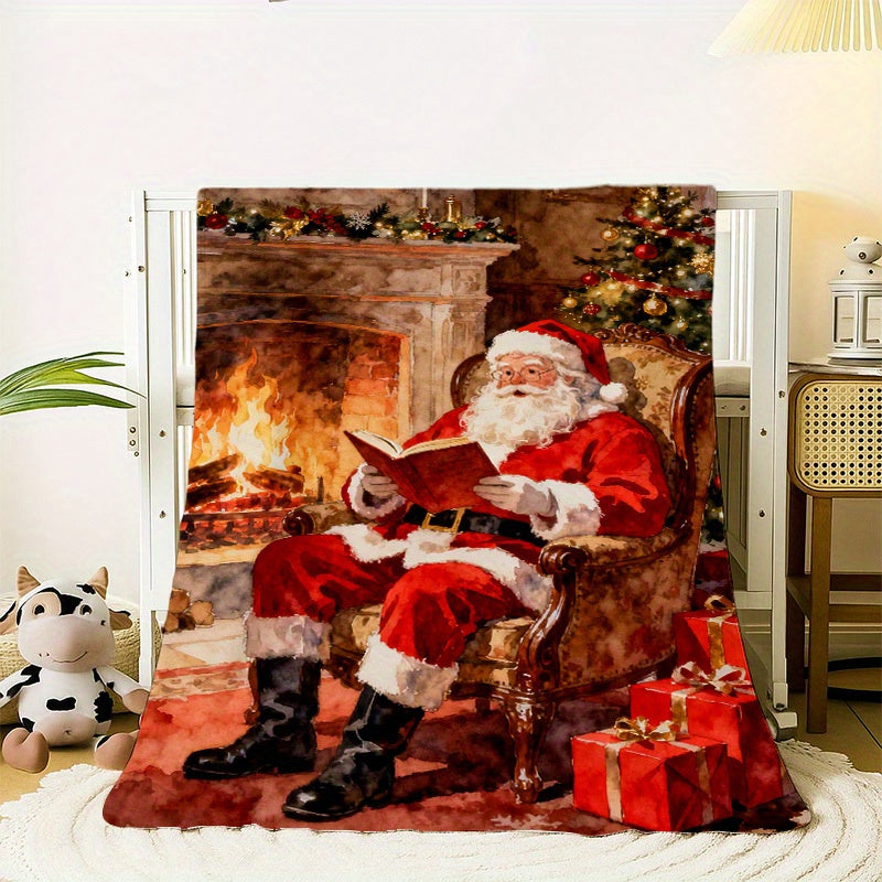 2D Flat Printing, 1pc Flannel Santa Claus Printed Blanket, Festive and Cozy Design¡ªSoft, Warm, and Comfortable, Lightweight and Durable, Multiple Sizes Available, Perfect for Christmas, Living Room, Bedroom, Study, All-Season Multi-functional Throw