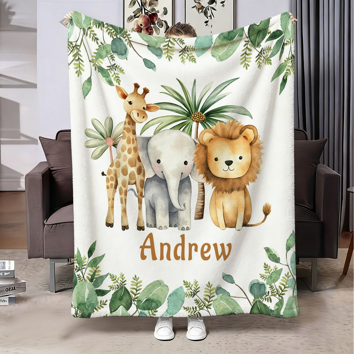 Personalized Custom Name Blanket, Cartoon Zoo Pattern Fleece Blanket, Gift for Outdoor Enthusiasts, All-Season Plush Blanket, Suitable for Home And Travel, Comfortable Personalized Blanket, Ideal Holiday Gift for Family And Friends