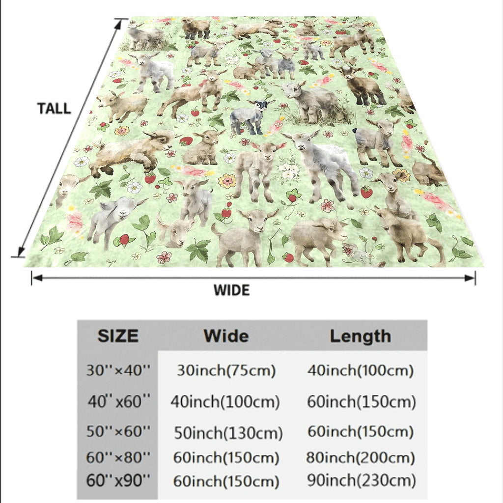1pc Floral Goat Fleece Blanket Soft Lightweight Machine Washable Throw with Adorable Goats & Flowers Design in Green Beige Brown and White Perfect for Sofa or Chair Ideal Farm An