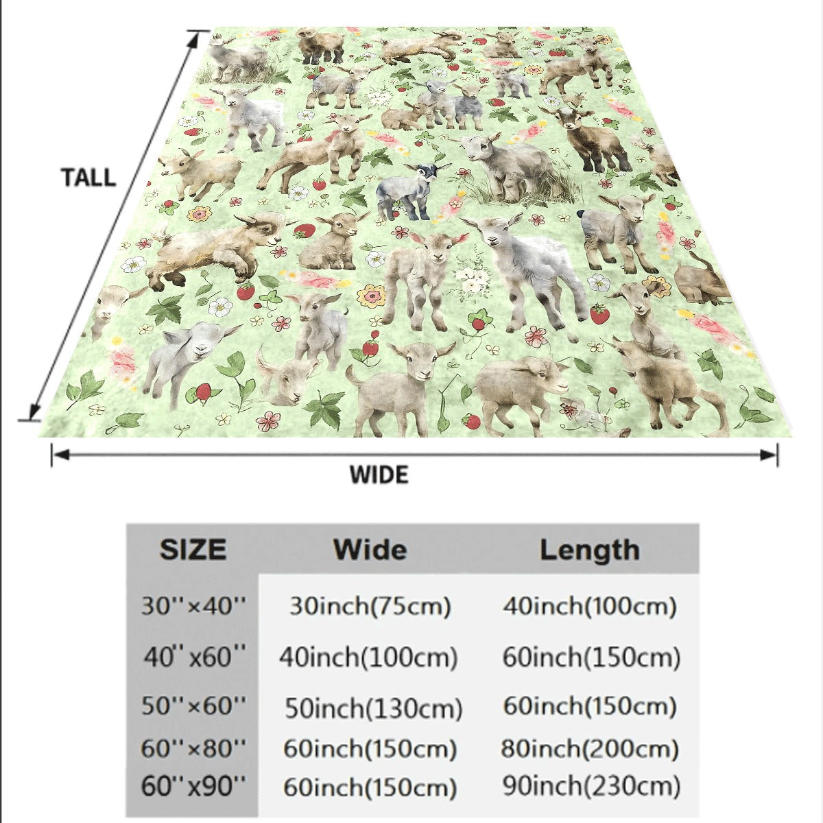 1pc Floral Goat Fleece Blanket Soft Lightweight Machine Washable Throw with Adorable Goats & Flowers Design in Green Beige Brown and White Perfect for Sofa or Chair Ideal Farm An