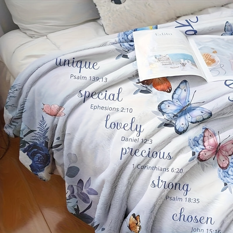 Christian Inspirational Scripture Throw Blanket with Floral Butterfly Design- Soft 280gsm Flannel All-Season Cozy Blanket for Home, Office, Bedroom- Machine Washable Faith-Based Gift, Throw Blanket for Couch, Pastel Color Decor