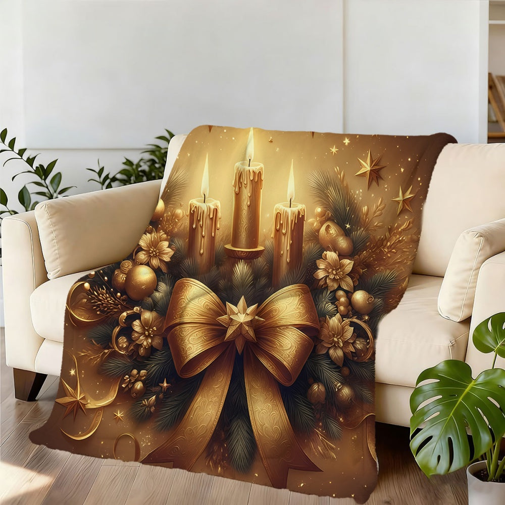 1pc of Golden Christmas Candle and Wreath Pattern Flannel Blanket, Soft, Comfortable, and Warm, with a Golden Design. A Four-season Universal Sofa Throw, a Warm Lap Blanket, Available in Multiple Sizes. Suitable for Living Room Sofas, Bedroom