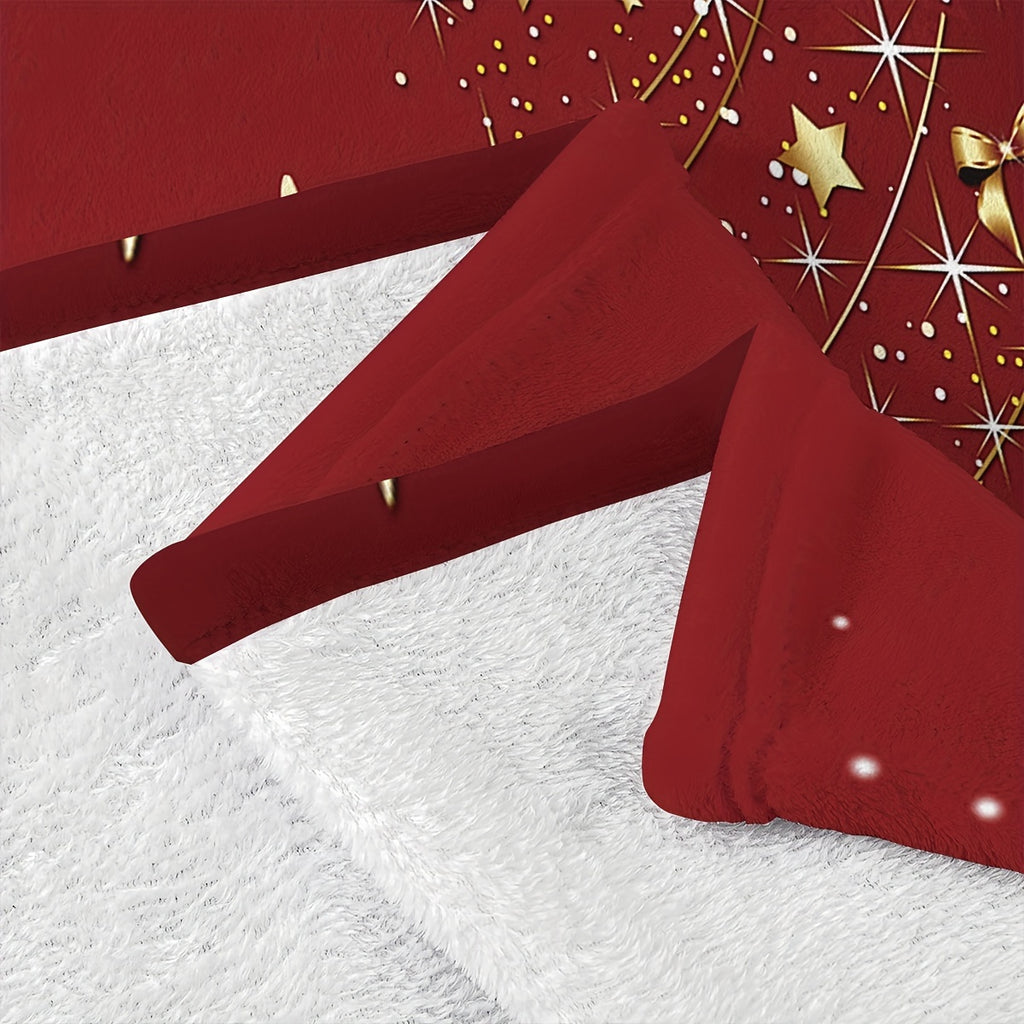 Christmas Tree and Golden Star Print Flannel Blanket, Red Shawl - Suitable for Sofa, Bed, Office, Travel, Camping - Soft, Warm, and Comfortable for All Seasons