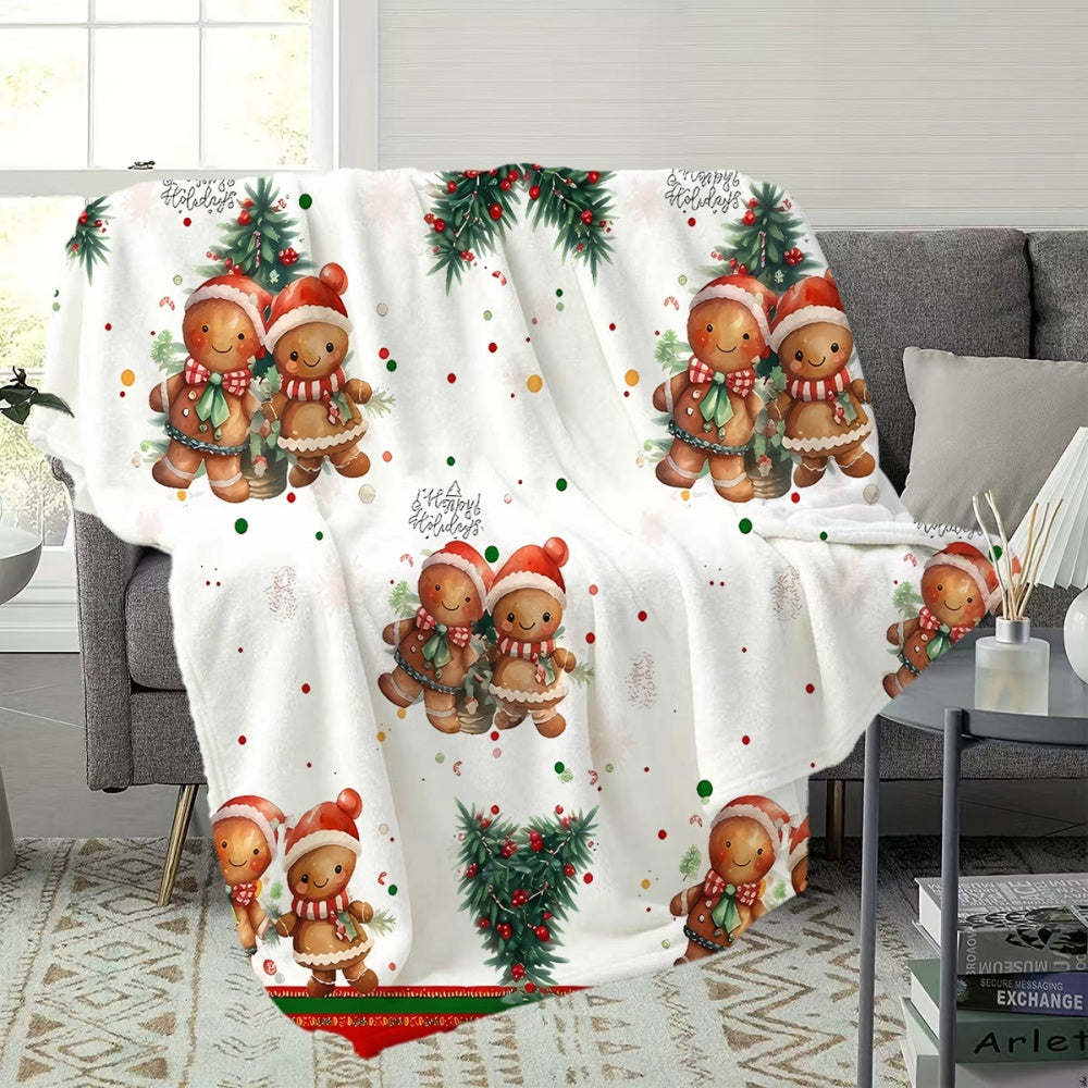 1pc, 1 Christmas Gingerbread for Man with Pine Branch Pattern White Flannel Blanket, Soft, Comfortable, and Warm, Festive Design, Durable Plush Surface, All-season Universal Sofa Blanket, Thermal Throw Blanket, Multiple Sizes Available