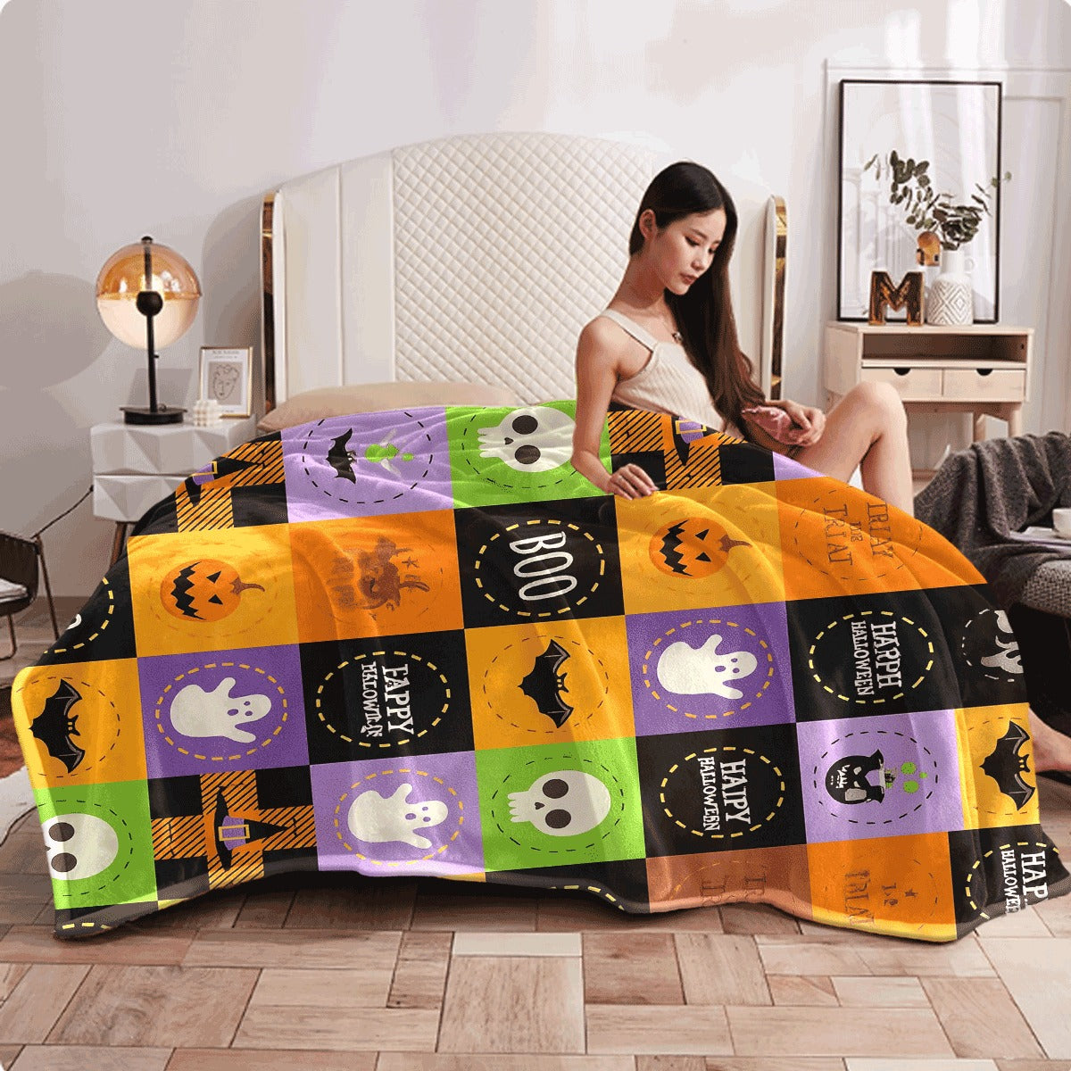 1pc Halloween Pumpkin Pattern Flannel Blanket Vintage Style All-Season Multi-Purpose Throw for Family, Friends, Camping & Travel, 200-250gsm Polyester, Festive Design with Pumpkins, Bats