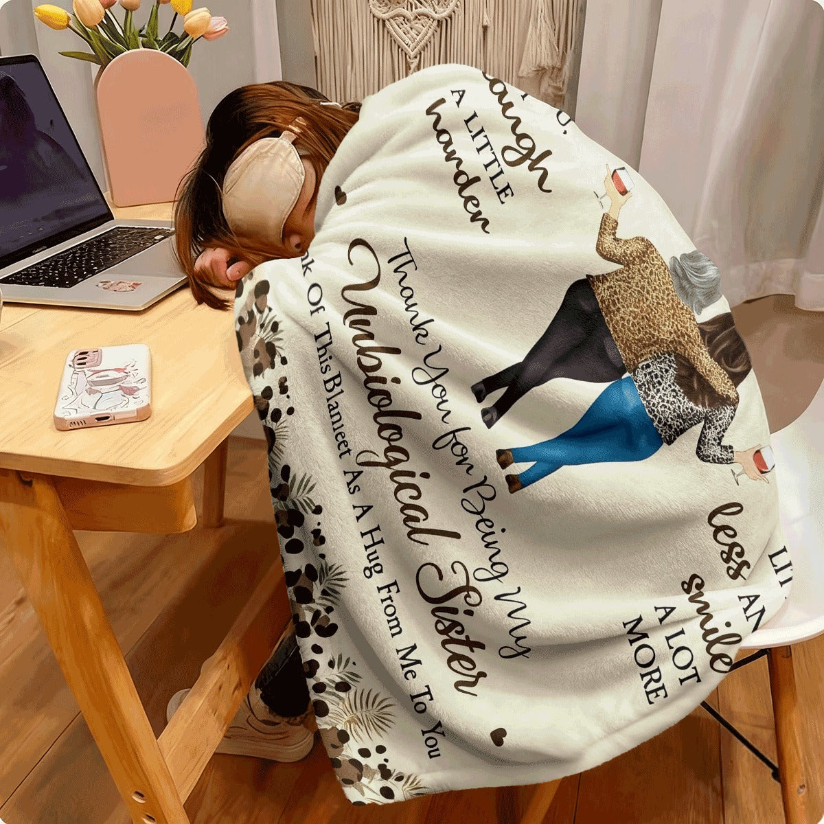 1pc Best Friend Gift Badass Bestie Message Blanket with BFF Quotes Ultra-Soft Quilted Flannel Throw for All-Season Cozy Spread for Home Travel Camping & Pets Natural Wood Tone & Female Ico
