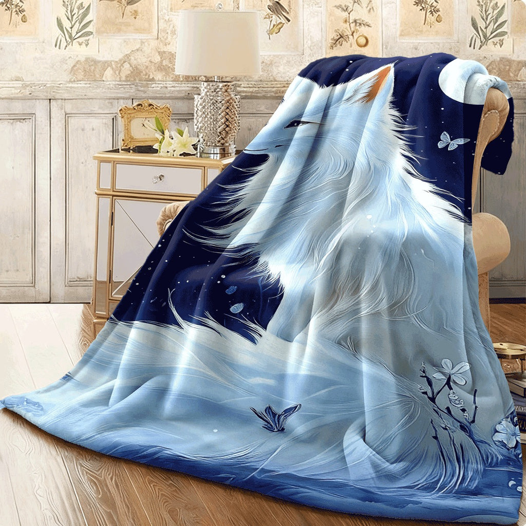 1pc White Fox Under Moon Blanket Luxurious Flannel Winter Warmth Soft Lightweight All-Season Throw with White Fox & Snowflake Night Sky Print (Dark Blue Navy) for Sofa Camping Magical