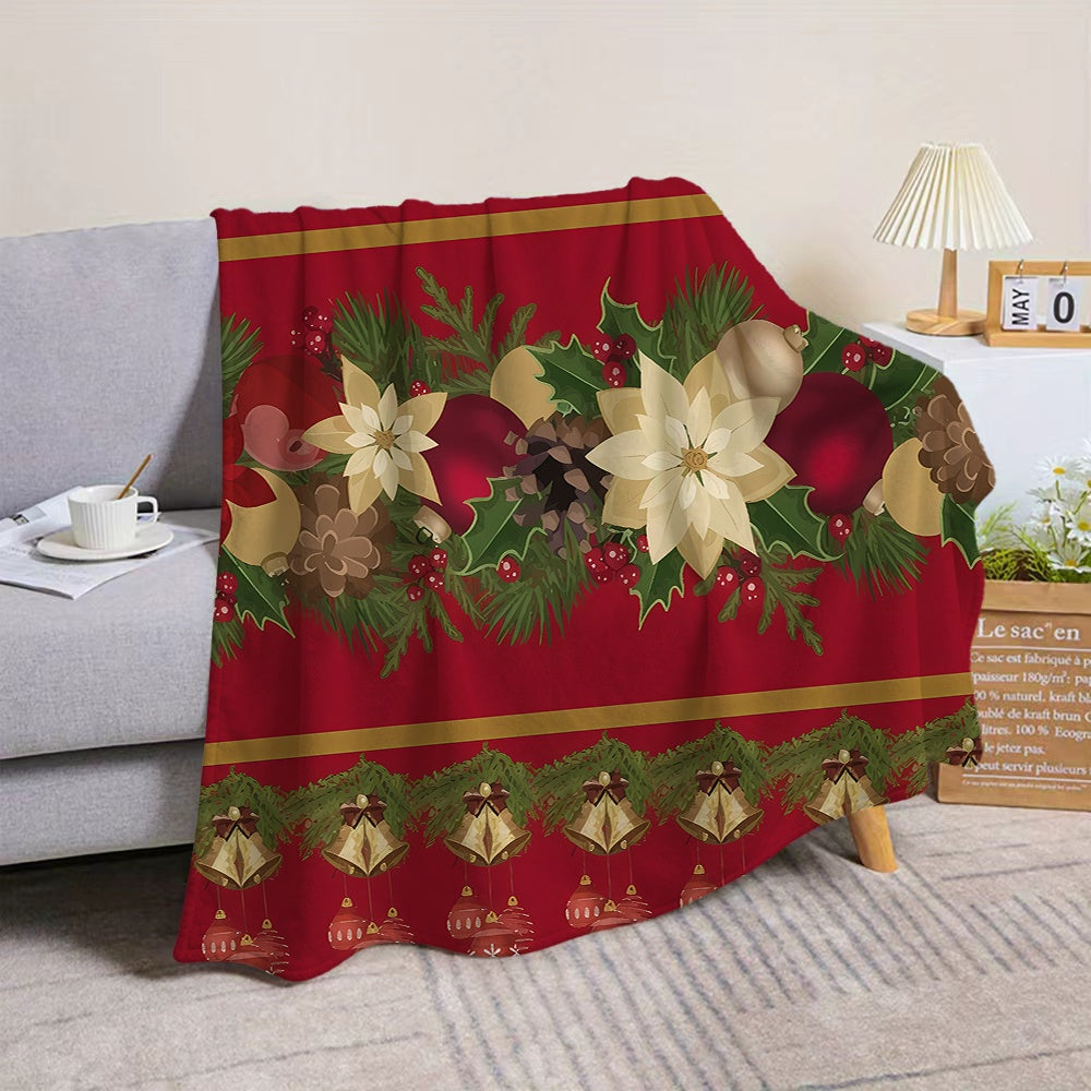 1 Christmas Floral and Bell Pattern Flannel Blanket, Soft, Comfortable, and Warm, with a Red Festive Design. A Four-season Universal Sofa Throw and Warm Cover Blanket, Available in Multiple Sizes. Suitable for Living Room Sofas, Bedroom