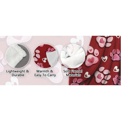 A Flannel Throw Blanket Featuring Paw Prints for Valentine'S Day, in Red And Pink, Perfect As a Romantic Gift for Anniversaries, Weddings, Or Birthdays for Women, Girlfriends, Wives, Or Lovers. This Soft Blanket Is Ideal for Bedding Or The Sofa