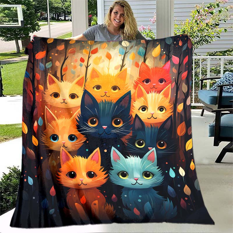 1pc Colorful Cute Cats Blanket for Home- Lightweight Flannel Throw for Sofa, Bed, Travel, Camping, Livingroom, Office, Couch, Chair, And Bed- Digital Printing Fleece Blanket with Soft And Warm Flannel Fabric