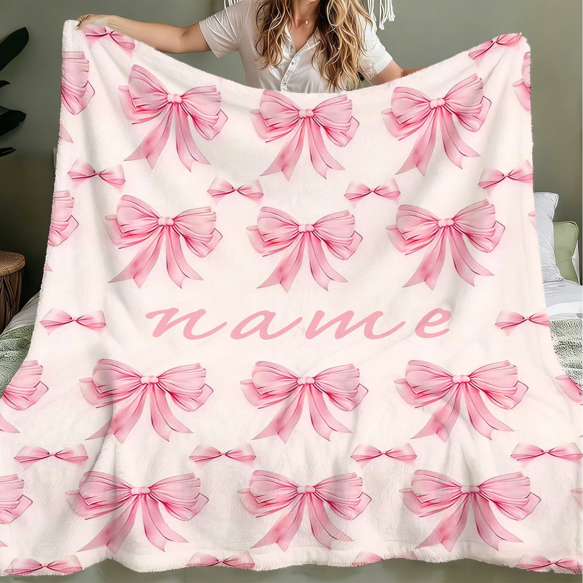 Personalized Custom Name Blanket, Pink Bow Fleece Blanket, Gift for Outdoor Enthusiasts, All-Season Plush Blanket, Suitable for Home And Travel, Comfortable Personalized Blanket, Ideal Holiday Gift for Family And Friends