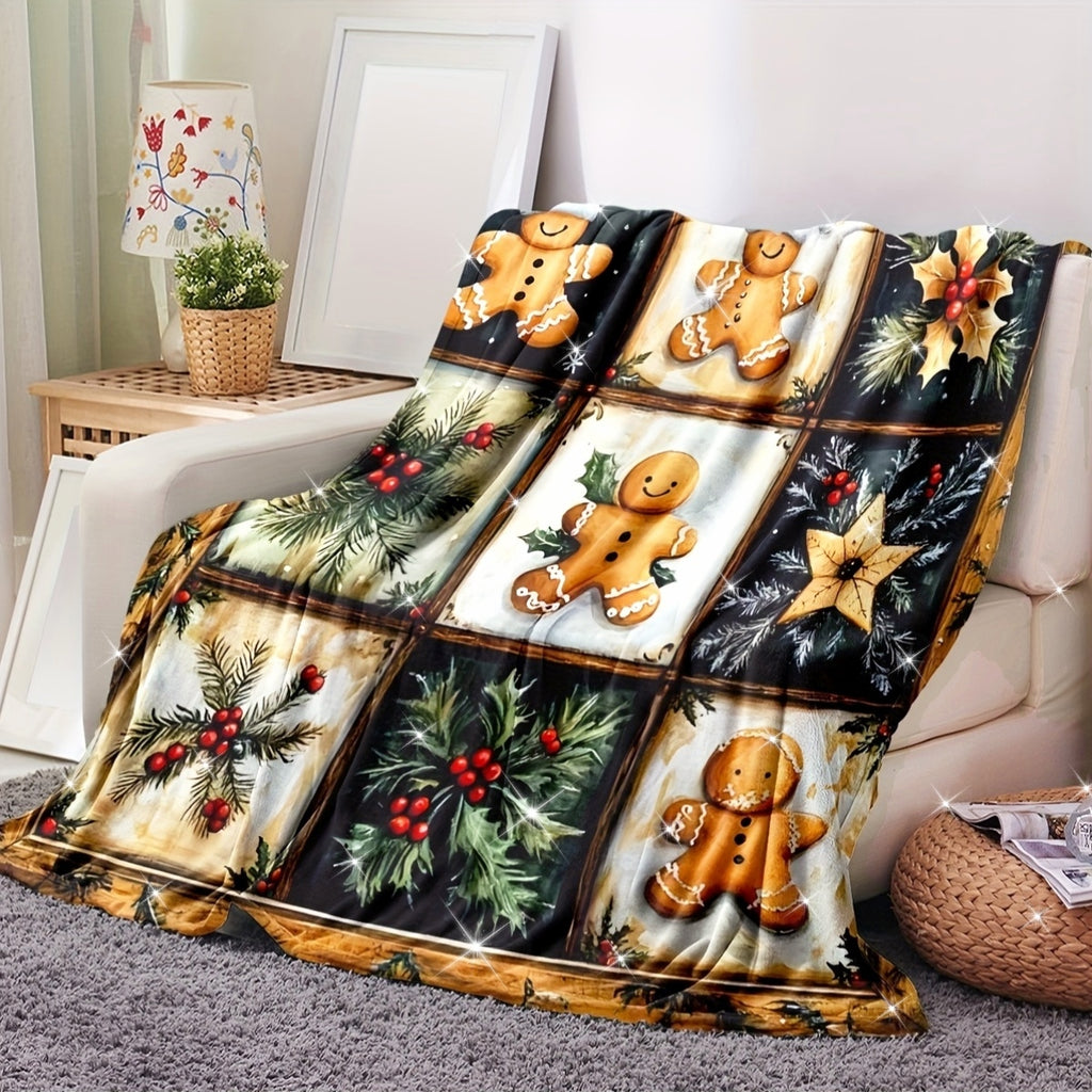 Holiday Christmas Blanket - Vintage Gingerbread Man, Teddy Bear, And Gift Plaid Flannel Blanket - Suitable for All Seasons, Warm, Soft, Comfortable, Modern Style, Digitally Printed, 100% Polyester, 200-250G Per Square Meter