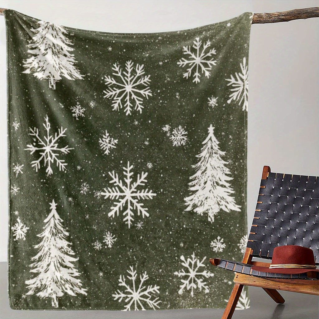 Comfortable Vintage Winter Blanket - Soft And Warm Flannel with Snowflake And Cedar Print, Olive Green And White All-Season Cover for Sofas, Cars, Camping - Machine Washable Christmas Gifts, Small Shoulder Blanket