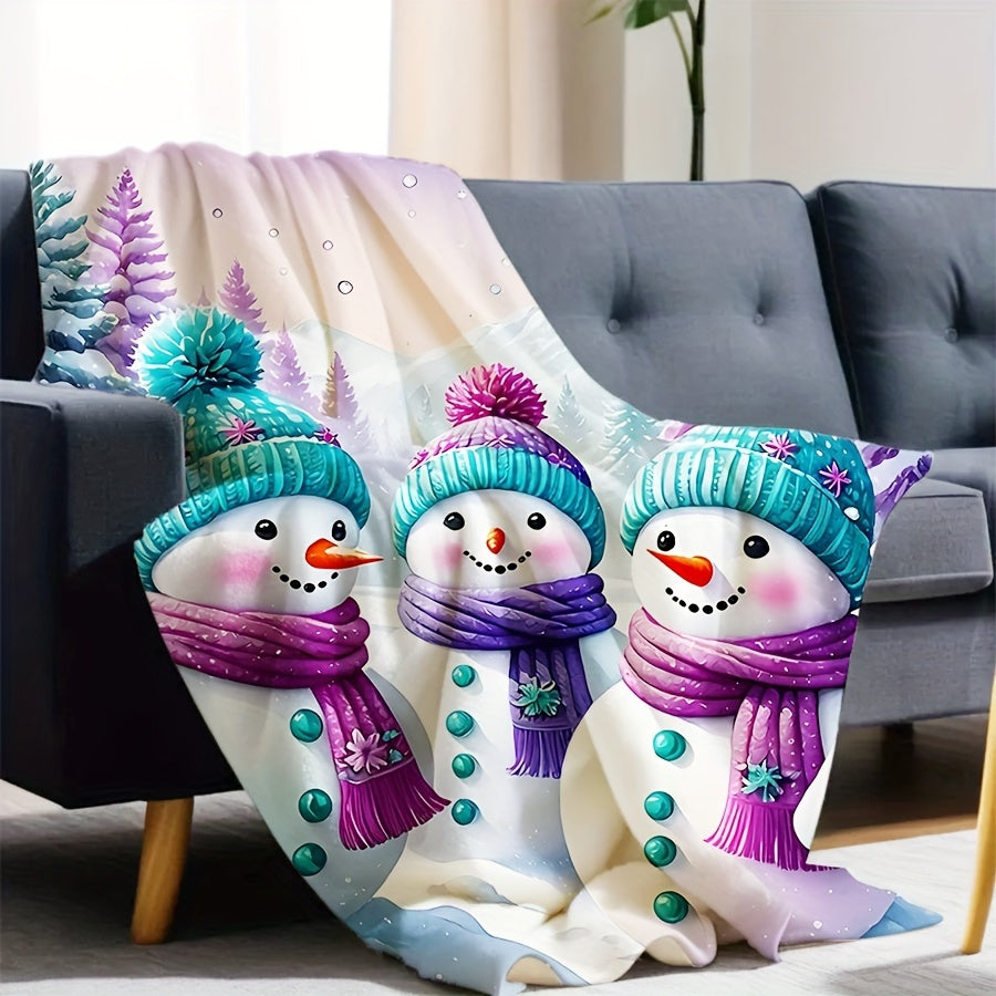 1pc 2D Flat Print Snowman and Winter Forest Themed Blanket, Flannel Throw in Purple and Blue Tones, Soft Cover Blanket - Multiple Sizes Available, Suitable for Living Room Sofas, Bedroom, Holiday Decorations, and Outdoor Picnics, 2D Flat