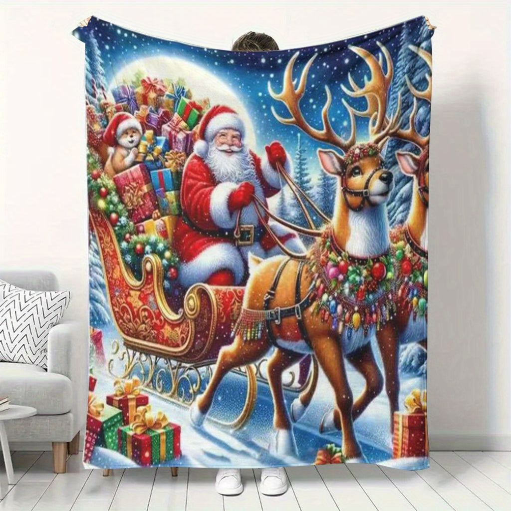 1pc 2D Flat Printing Santa Claus And Reindeer Sleigh Pattern Blanket - Soft And Comfortable, Blue And Red Main Colors, Festive Decor Style, Multiple Sizes Available, Suitable for Living Room, Bedroom, Sofa, And Reading Area